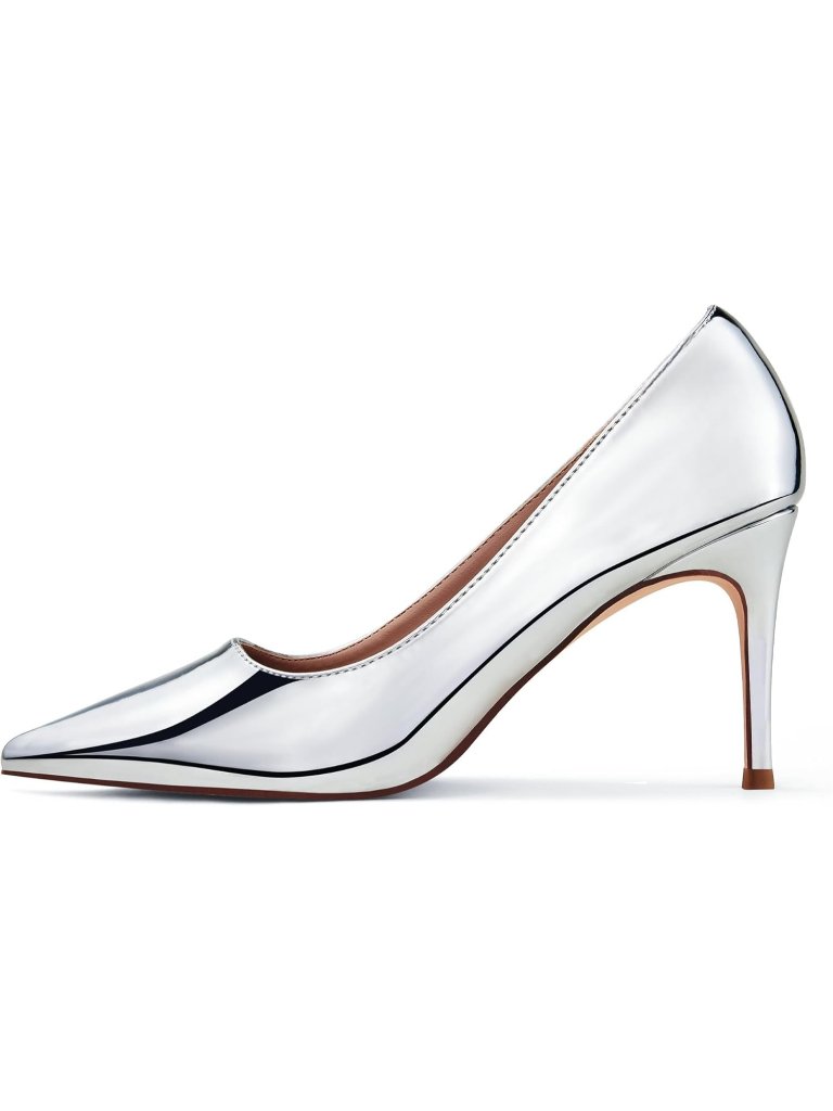 Women's Silver Tang Classic Point Pull-On Heeled Pumps Leather Closed Toe Shoes